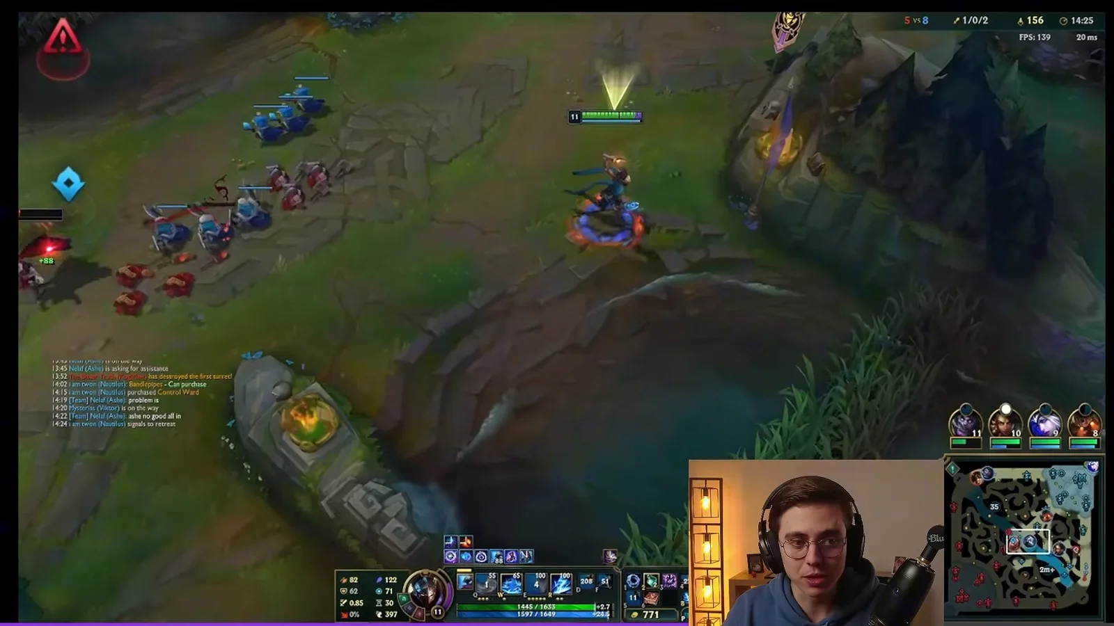 Mid laner pushing a wave at 14:25 as side laning and the faster wave timer begin