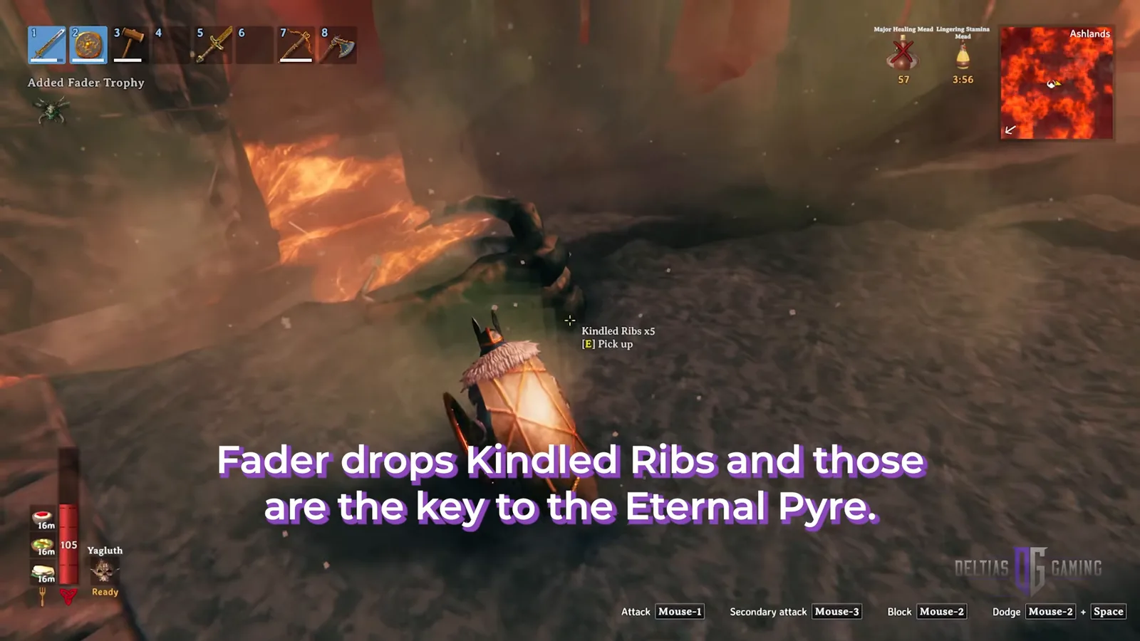 Kindled Ribs dropping after the Fader fight in the Valheim Ashlands, the item used for the Eternal Pyre