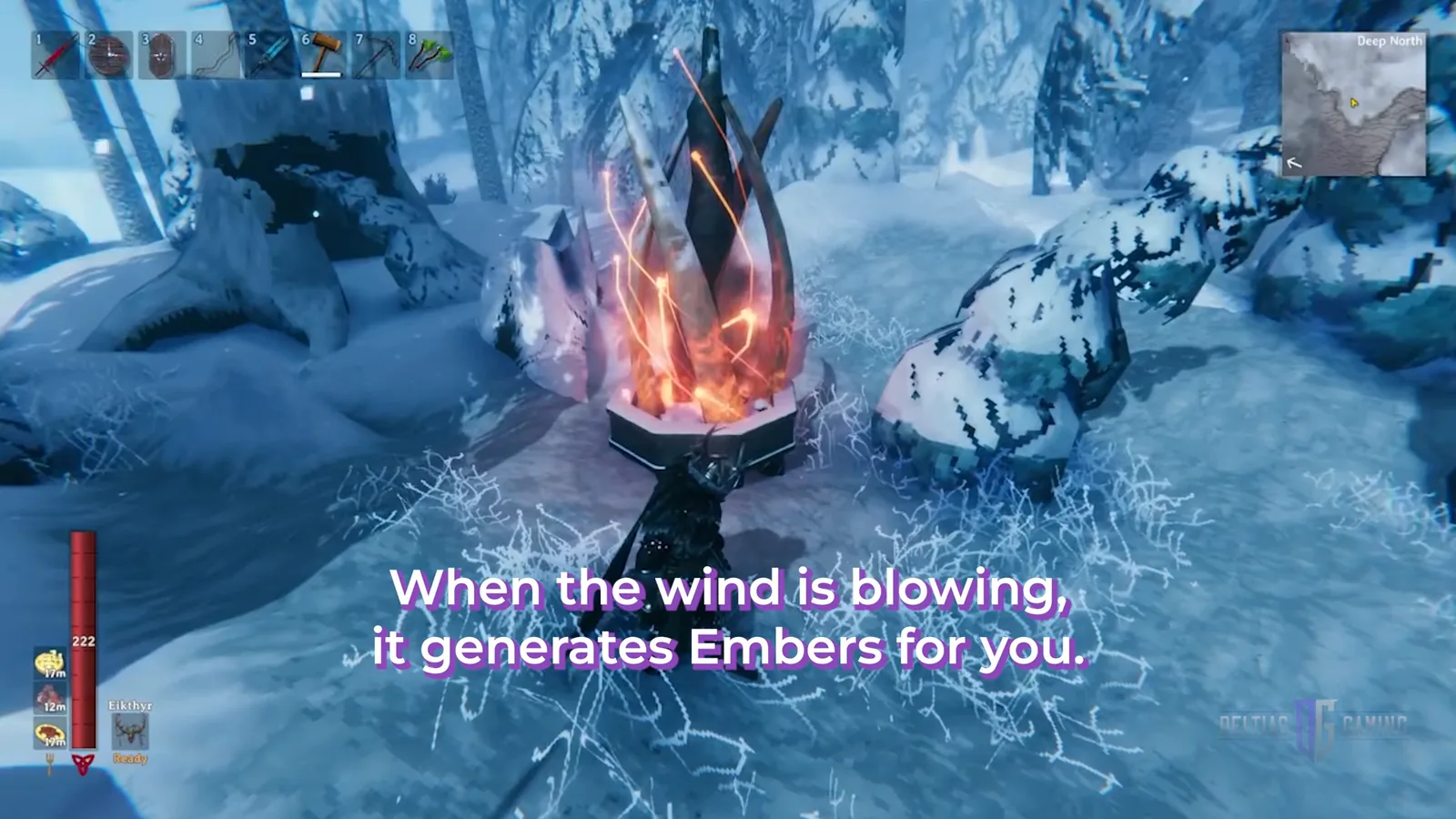 Eternal Pyre burning in the snow of the Valheim Deep North, the station that produces Embers