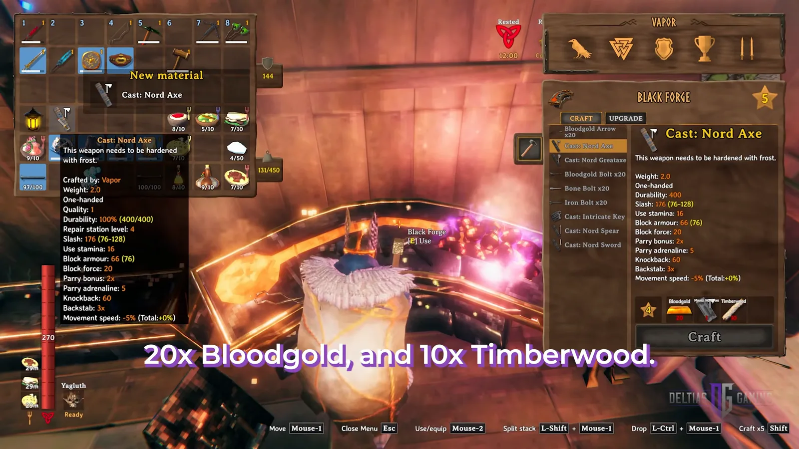 Black Forge crafting menu in Valheim 1.0 showing the Cast Nord Axe recipe with Bloodgold and Timberwood