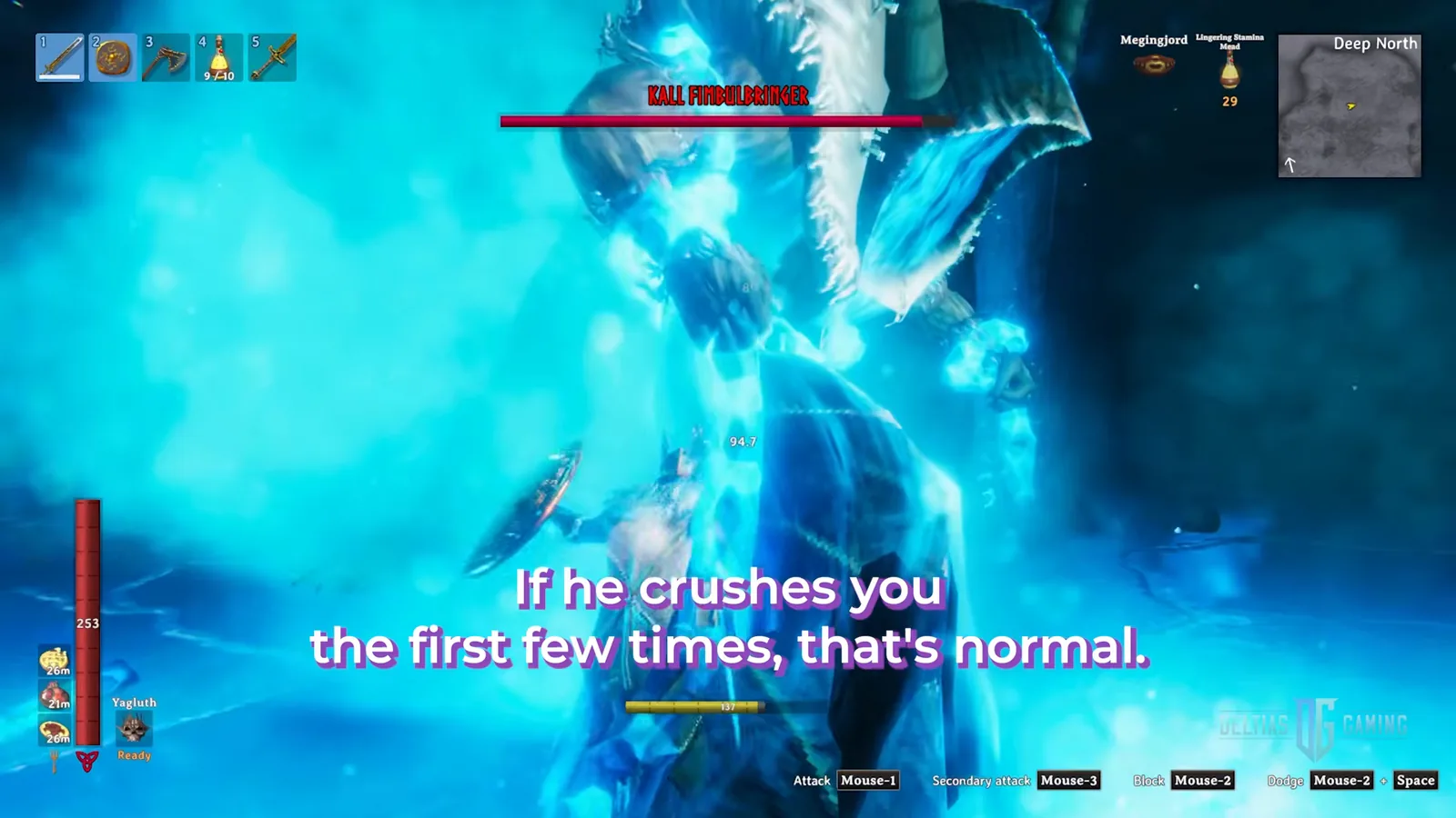 Kall Fimbulbringer, the Valheim Deep North boss, rising in a frozen blue arena with his health bar