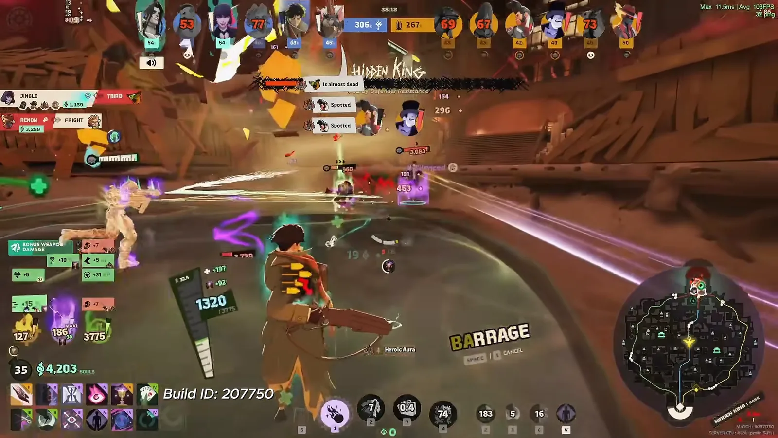 Pocket's late-game spirit build in the HUD: Spirit Burn, Spiritual Overflow, Cheat Death, Refresher