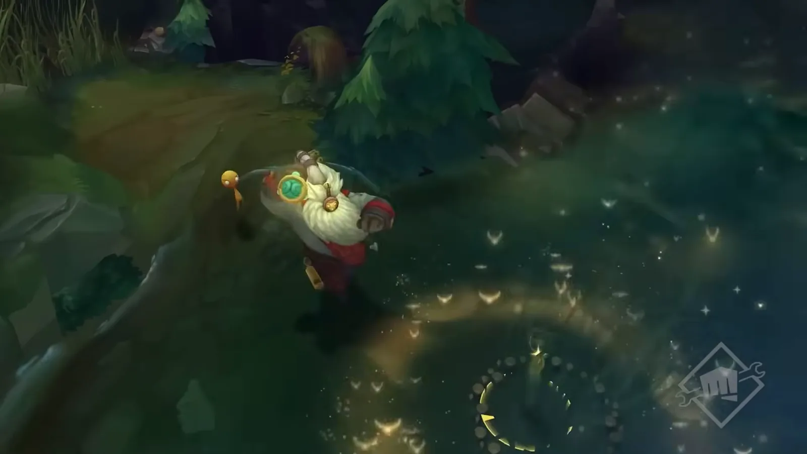 Bard standing next to a Faelight ring of glowing mushrooms in the river