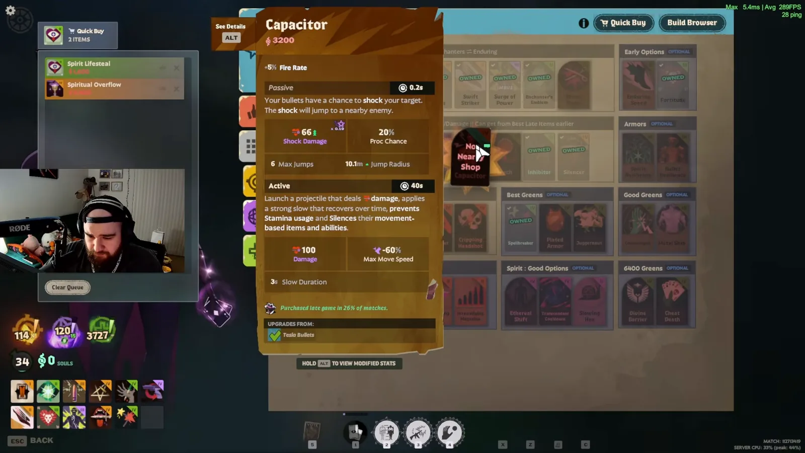 Capacitor shop tooltip in the Deadlock Curiosity Shop during a Wraith match after City Never Sleeps