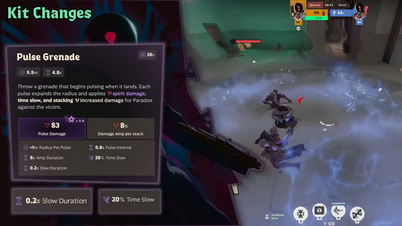 Paradox Pulse Grenade tooltip and a pulsing grenade expanding over enemies in Deadlock