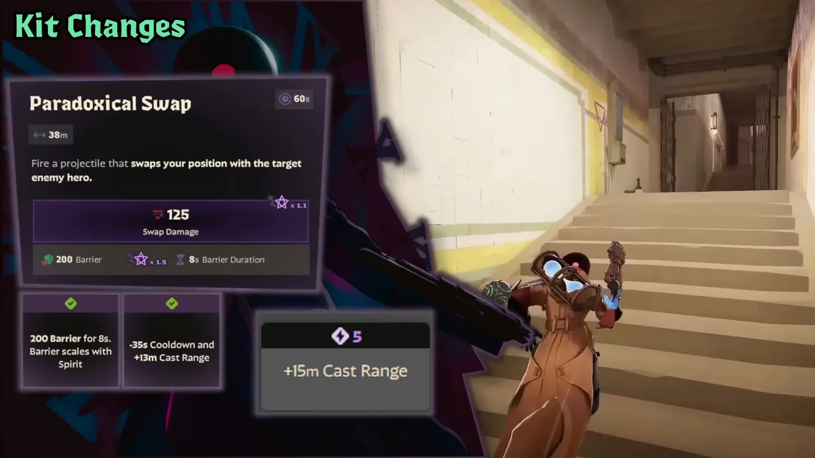 Paradoxical Swap tooltip showing barrier, cooldown and cast range upgrades