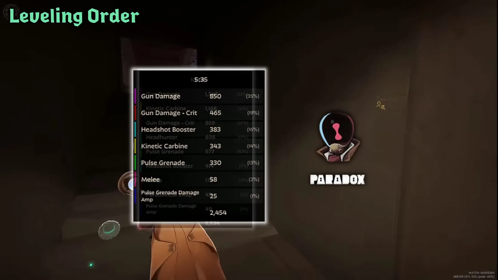 Paradox damage breakdown panel showing gun, Headshot Booster, Kinetic Carbine and Pulse Grenade damage
