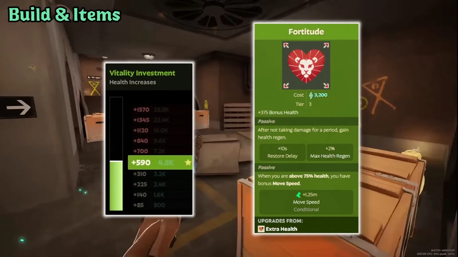 Deadlock shop showing the Vitality Investment bonus and the Fortitude item card on Paradox