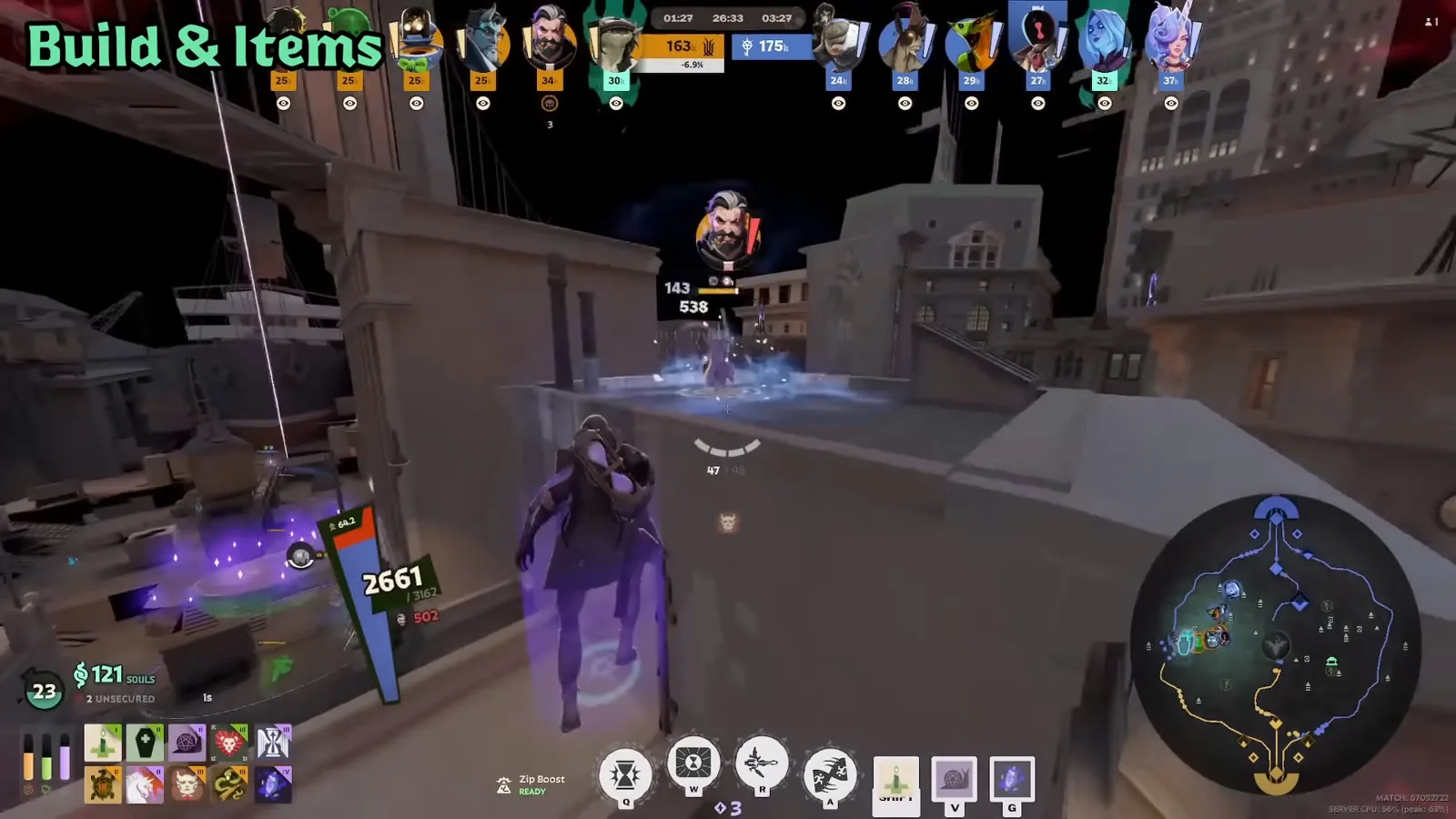 Paradox Pulse Grenade ticking on an enemy hero on a rooftop in a late game fight