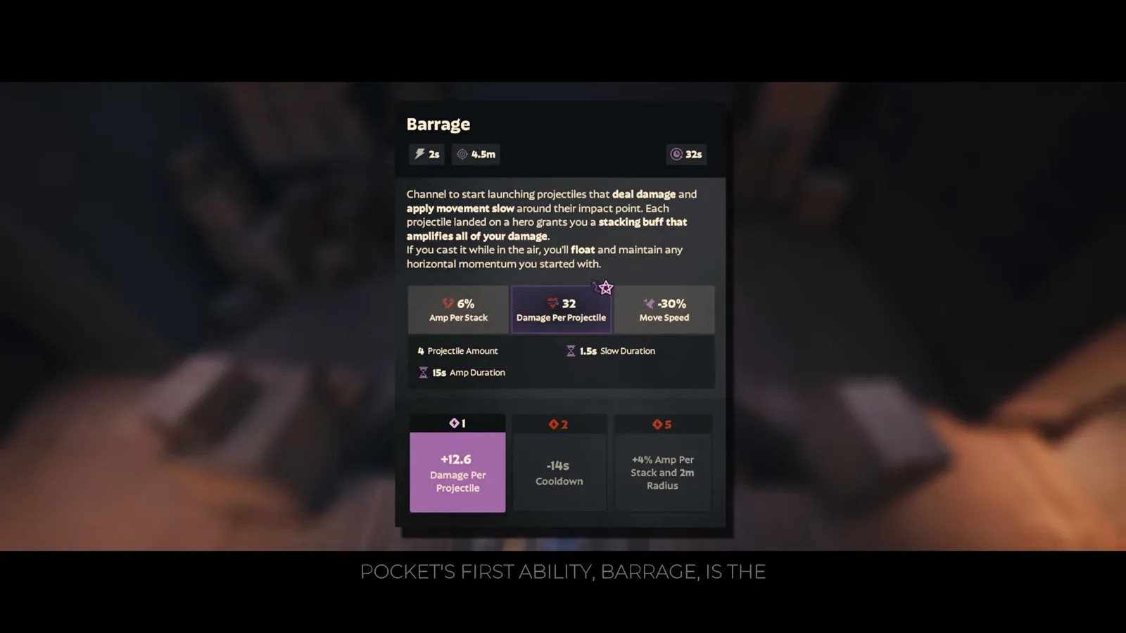 Old January 2026 Barrage tooltip in the ovvcci video showing +12.6 damage, -14s and +2m upgrades