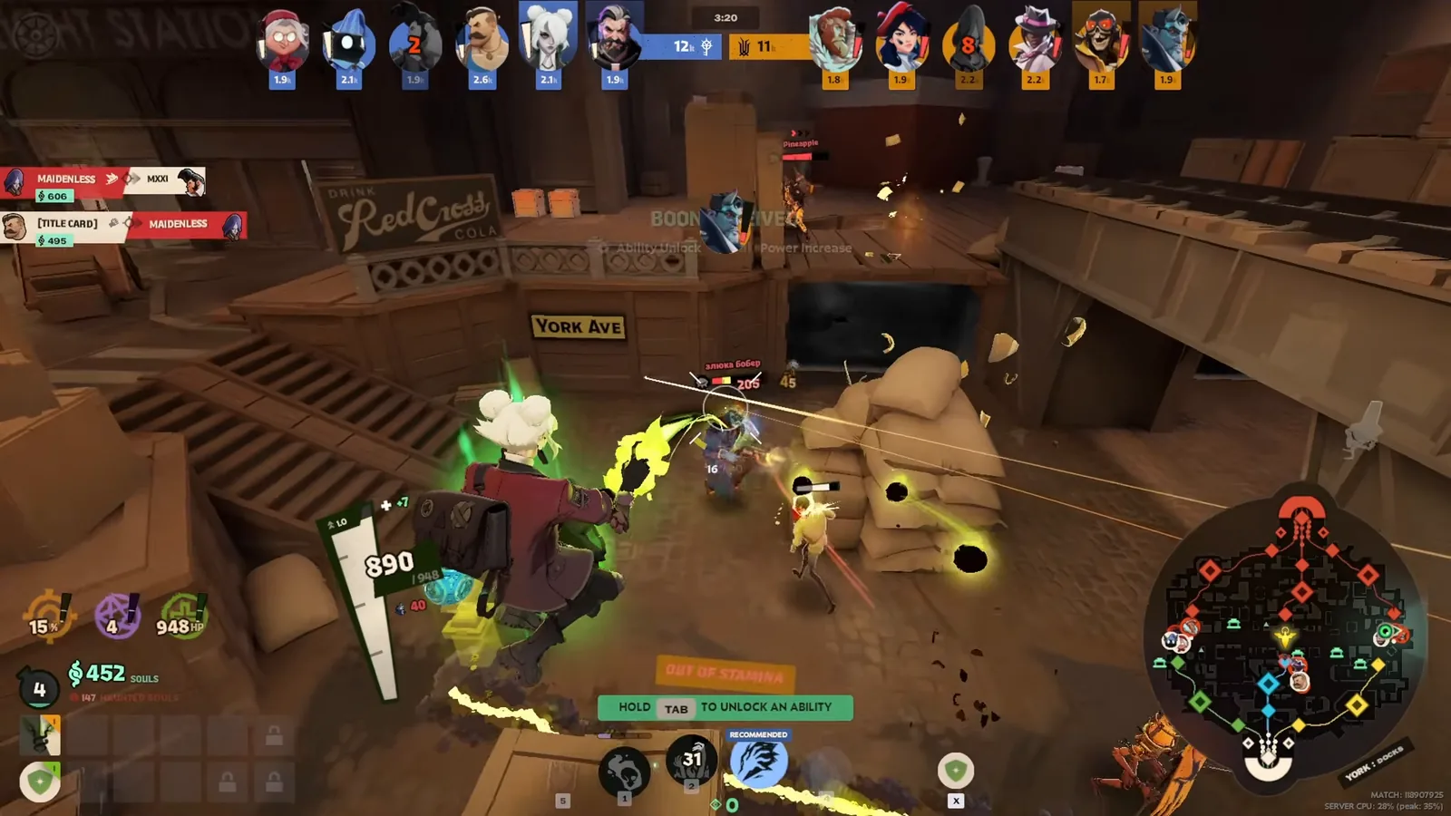 Graves beaming an enemy hero in an early lane fight on York Ave in Deadlock