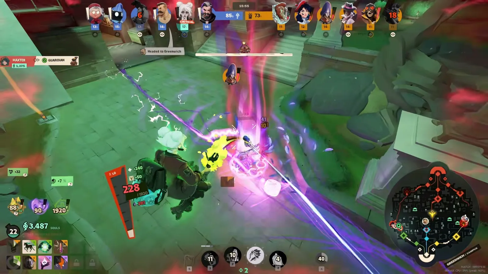 Graves locking her beam gun onto an enemy hero during a Deadlock teamfight in Greenwich