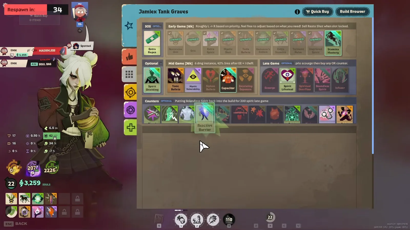 Jamlex Tank Graves build panel in the Deadlock shop showing early, mid and late game items
