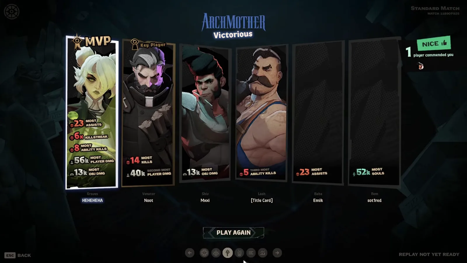 Graves MVP end screen after a Deadlock win with the tank Graves build