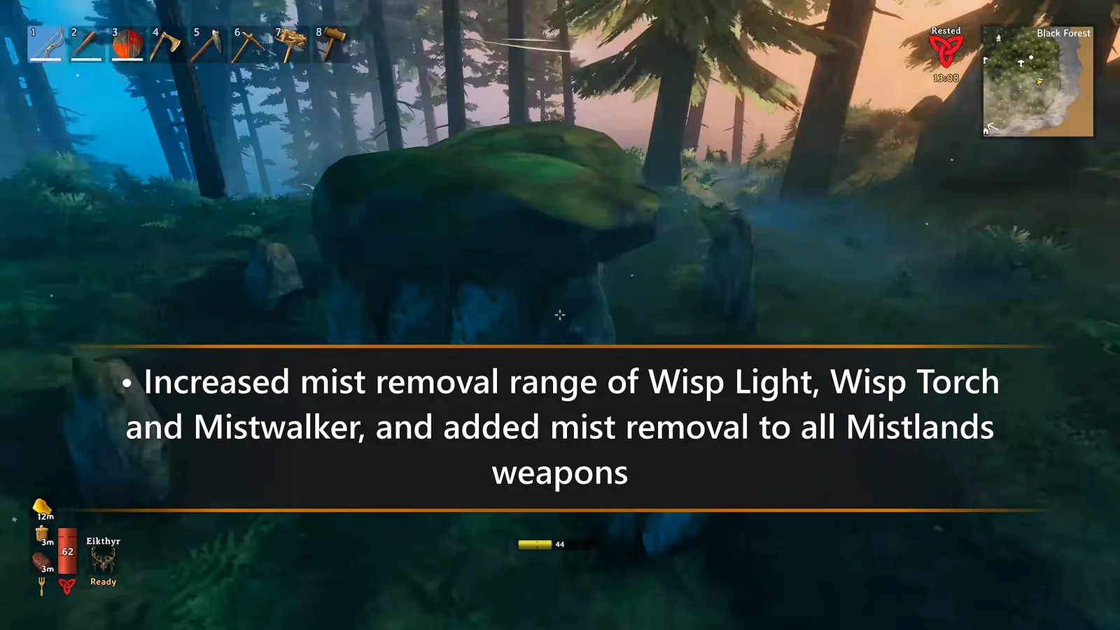 Valheim 1.0 patch note on increased mist removal range for Wisp Light, Wisp Torch and Mistwalker