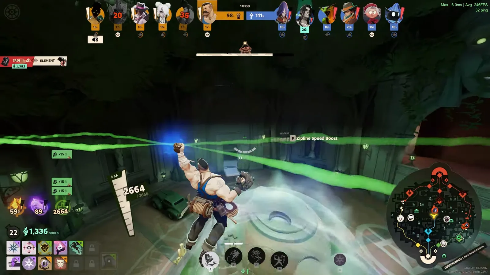 Lash riding a zipline on the City Never Sleeps map in Deadlock with a spirit build item bar