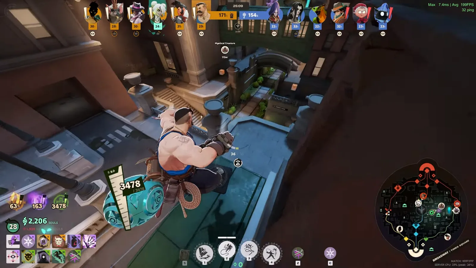 Lash airborne over a rooftop at 25 minutes on the reworked Deadlock map