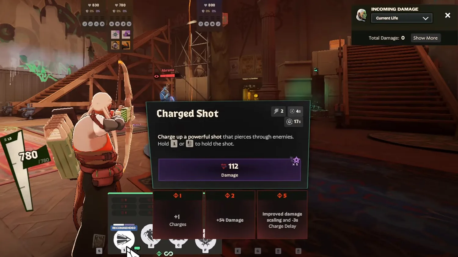 Grey Talon Charged Shot tooltip showing 112 damage, 4s charge delay, 17s cooldown and its three upgrades