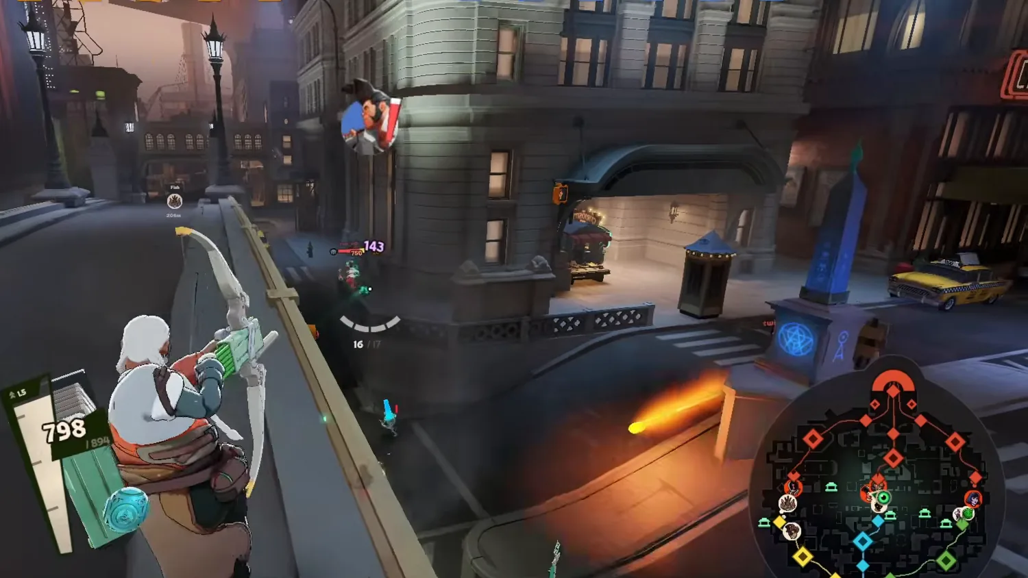 Grey Talon aiming his bow from a ledge on the City Never Sleeps map in Deadlock