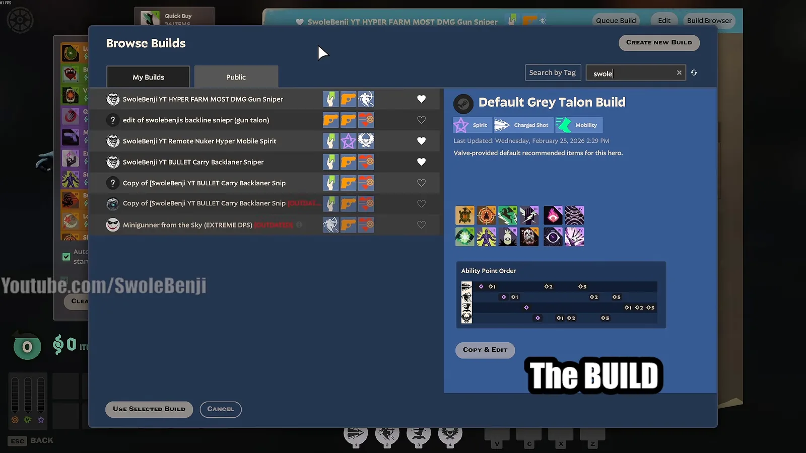 Deadlock build browser showing SwoleBenji's Grey Talon builds and the ability point order panel