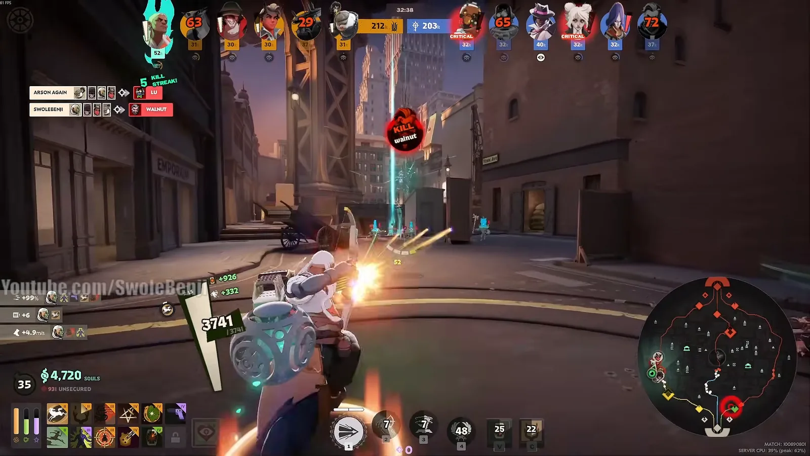 Grey Talon shooting into a team fight mid game with the gun build in Deadlock