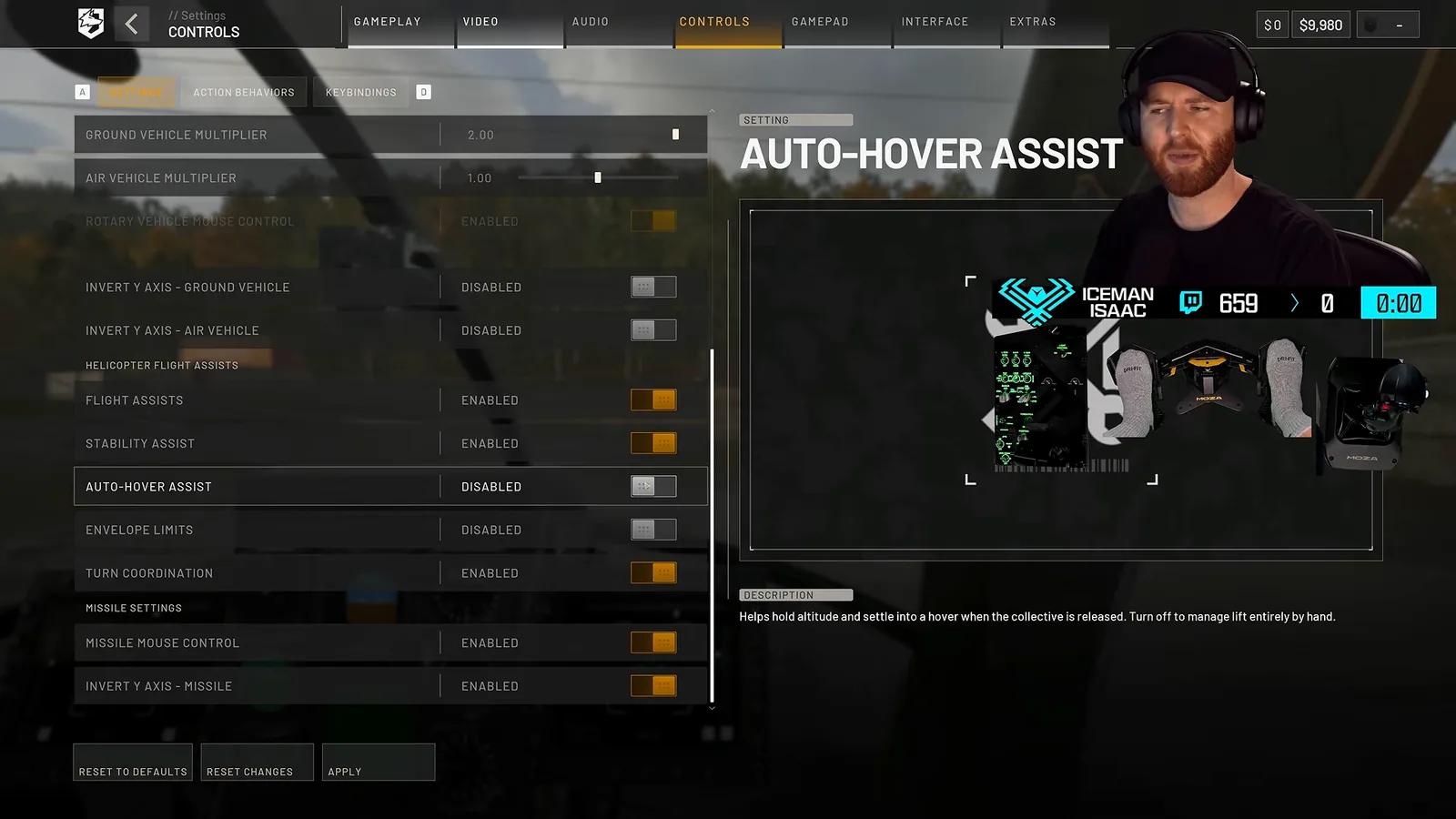 WARDOGS Helicopter Flight Assists menu with Stability Assist, Auto-Hover Assist, Envelope Limits and Turn Coordination