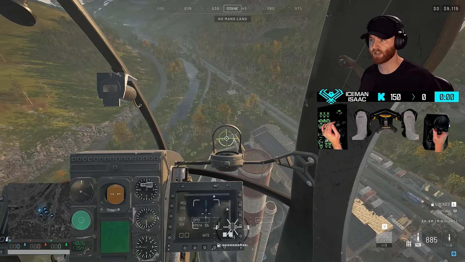 First-person WARDOGS Little Bird cockpit view with the reticle and instrument panel in flight