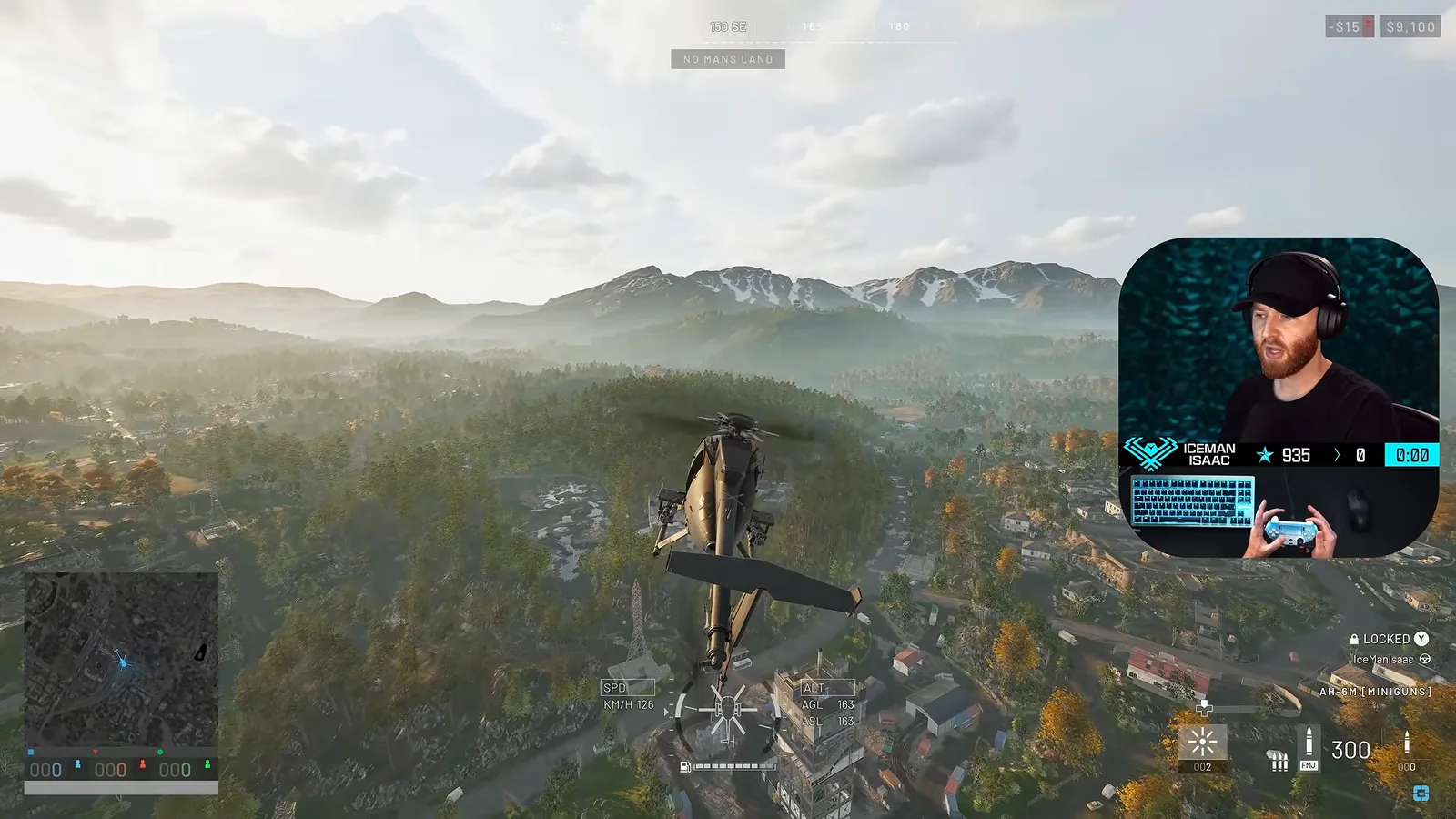 Third-person WARDOGS helicopter flying over a town while the pilot uses a controller