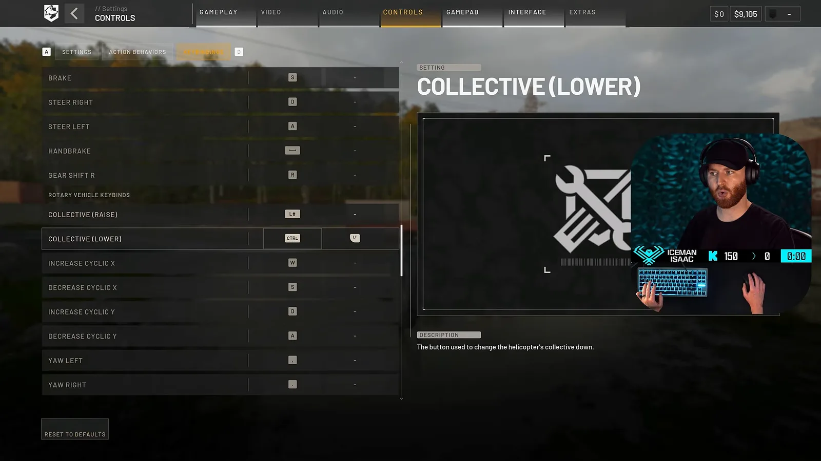 WARDOGS Rotary Vehicle Keybinds menu: collective raise and lower, cyclic X and Y, yaw left and right