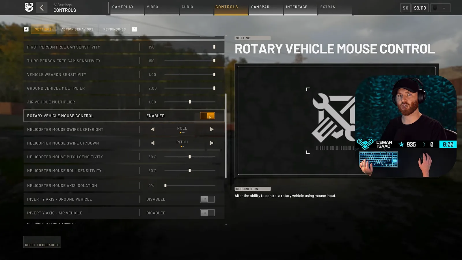 WARDOGS Rotary Vehicle Mouse Control enabled with helicopter mouse roll and pitch sensitivity at 50%