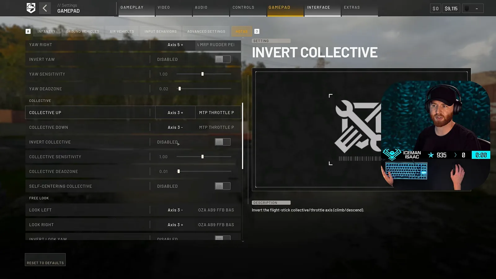 WARDOGS flight stick settings for collective axis, collective deadzone 0.01 and yaw deadzone 0.02