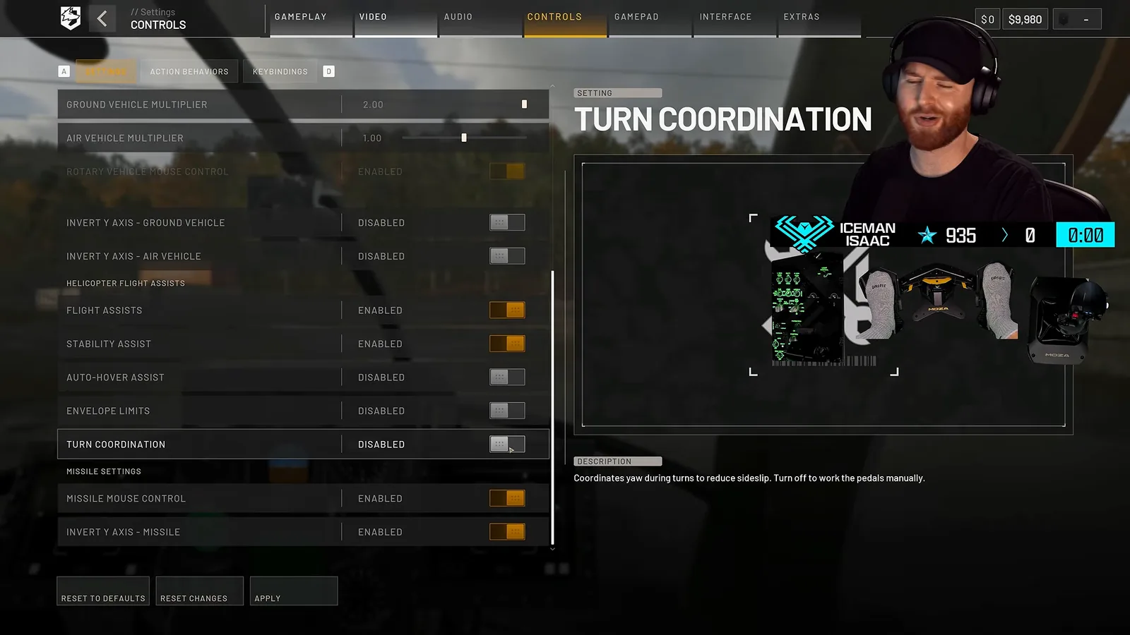WARDOGS Turn Coordination setting highlighted in the helicopter flight assists list