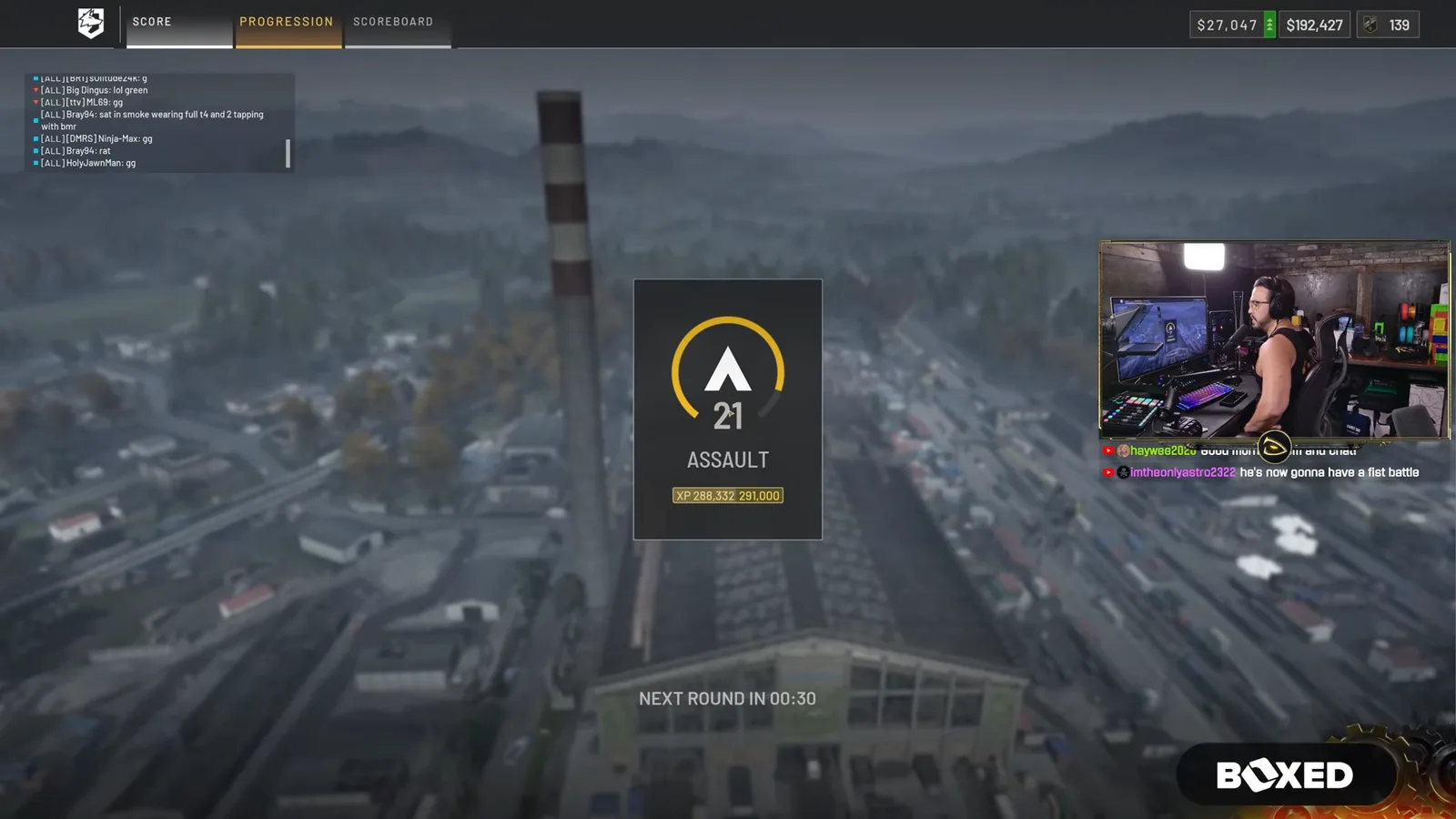 WARDOGS end-of-match progression screen showing Assault track level 21 with 288,332 of 291,000 XP