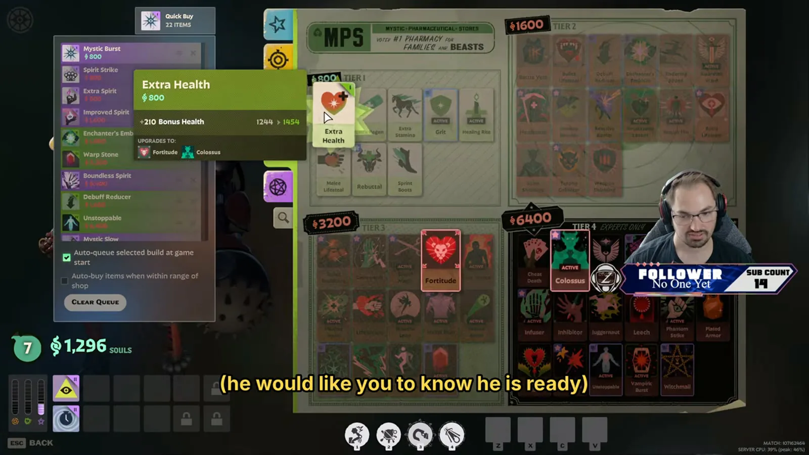 Deadlock item shop open on Bebop early game with a spirit-focused quick-buy queue