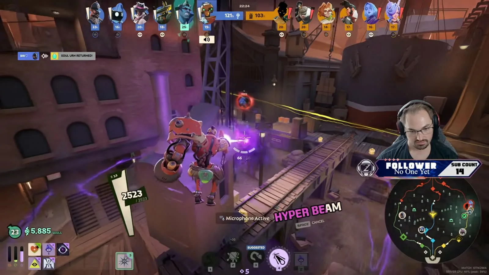 Bebop channeling Hyper Beam across a street on the City Never Sleeps map in Deadlock