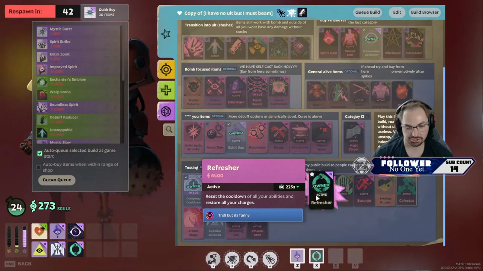 Refresher item for 6400 souls in the shop inside a Bebop Hyper Beam build in Deadlock