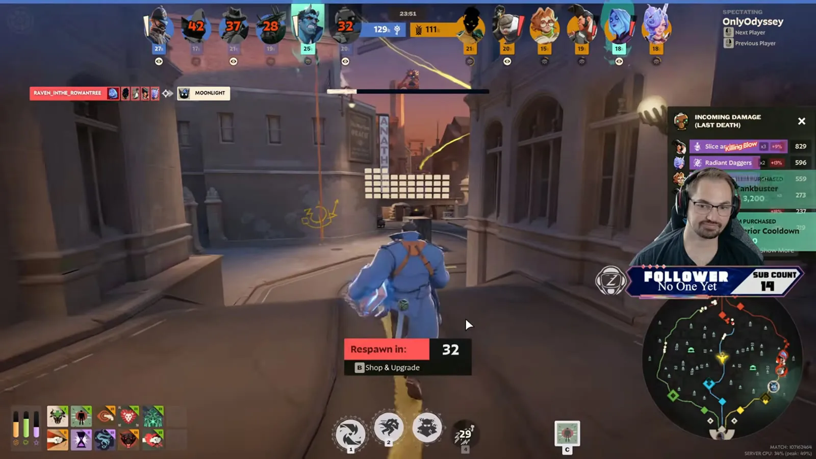 Death recap after a Bebop death showing incoming damage and item purchases in Deadlock