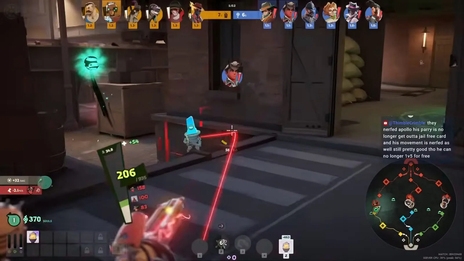 Bebop's continuous beam weapon hitting an enemy at close range in Deadlock