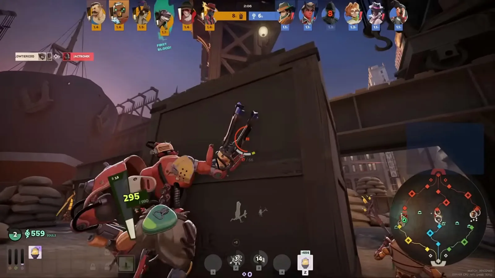 Bebop extending Grapple Arm, his hook ability, during the laning phase in Deadlock