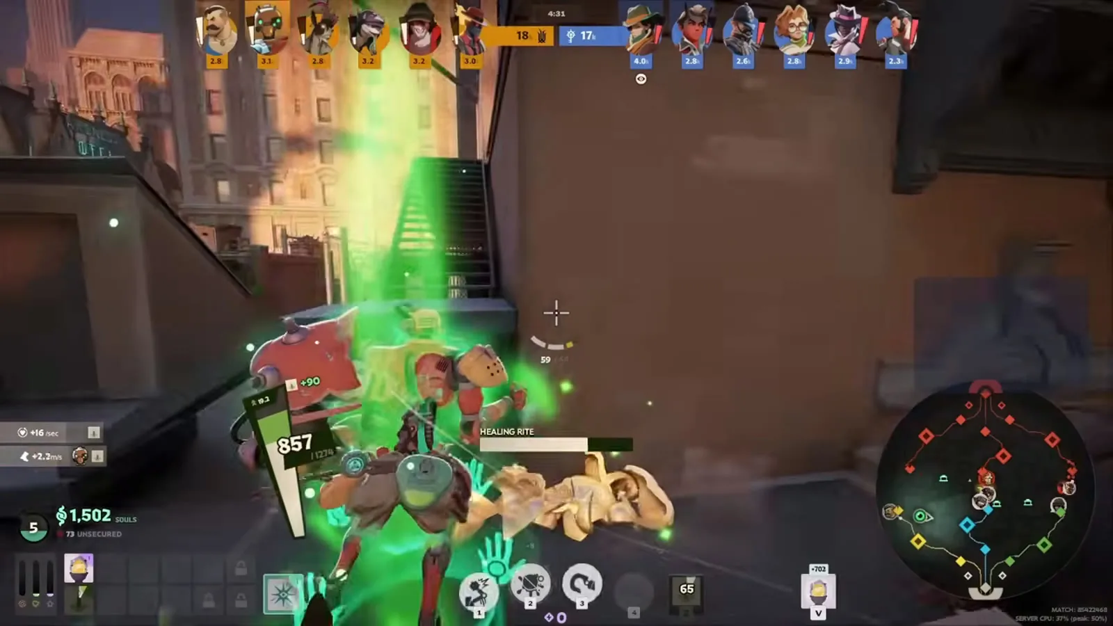 Bebop healing a teammate with Healing Rite while playing support in Deadlock