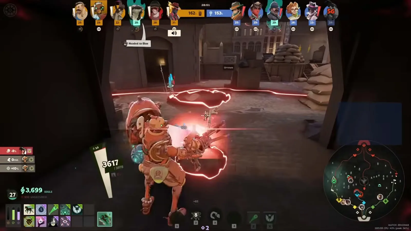 Bebop fighting at close range late game, where Sticky Bomb and Exploding Uppercut combos happen
