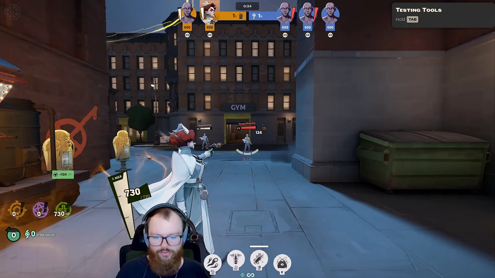 Nurse Harrow firing her Code Blue syringe pistol in the Deadlock sandbox with 730 health shown