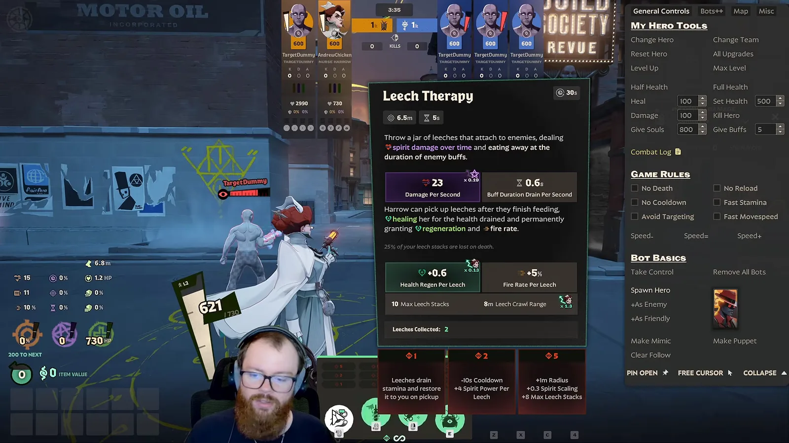 Leech Therapy ability tooltip for Nurse Harrow in Deadlock showing 23 damage per second and 0.6 health regen per leech