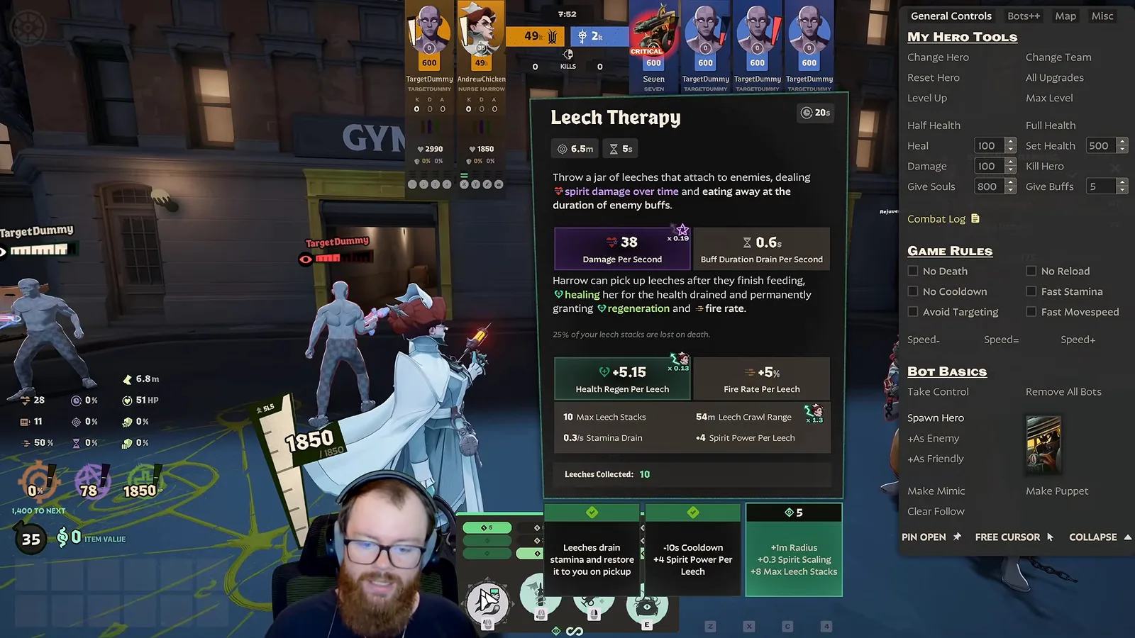 Nurse Harrow Leech Therapy tooltip at max boons with 5.15 health regen per leech and 10 leeches collected