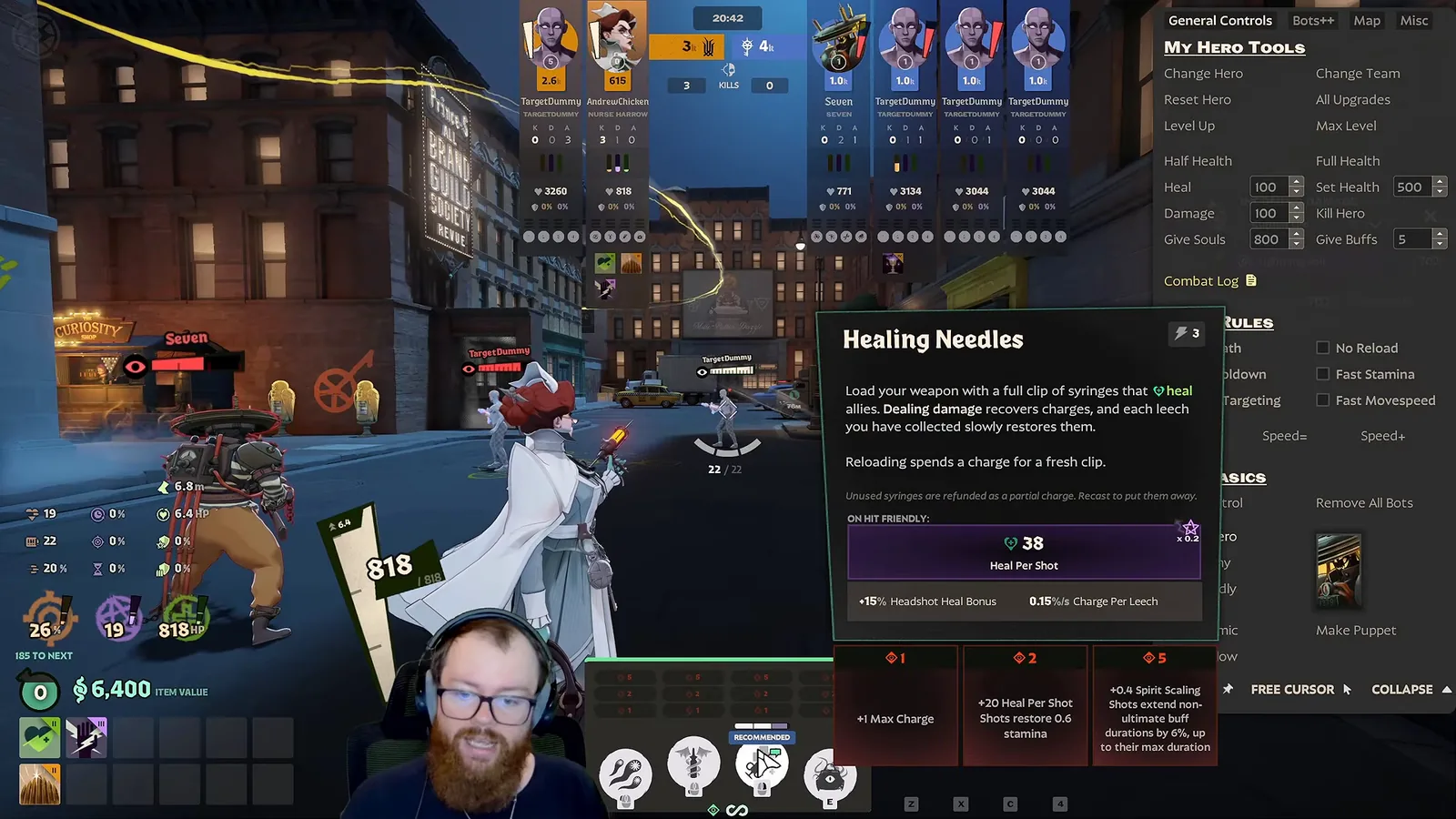 Healing Needles tooltip for Nurse Harrow with heal per shot, headshot heal bonus and charge per leech upgrades
