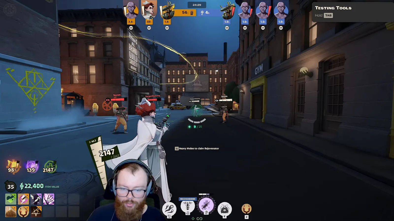 Nurse Harrow shooting healing syringes at an ally in Deadlock with a heavy spirit power build