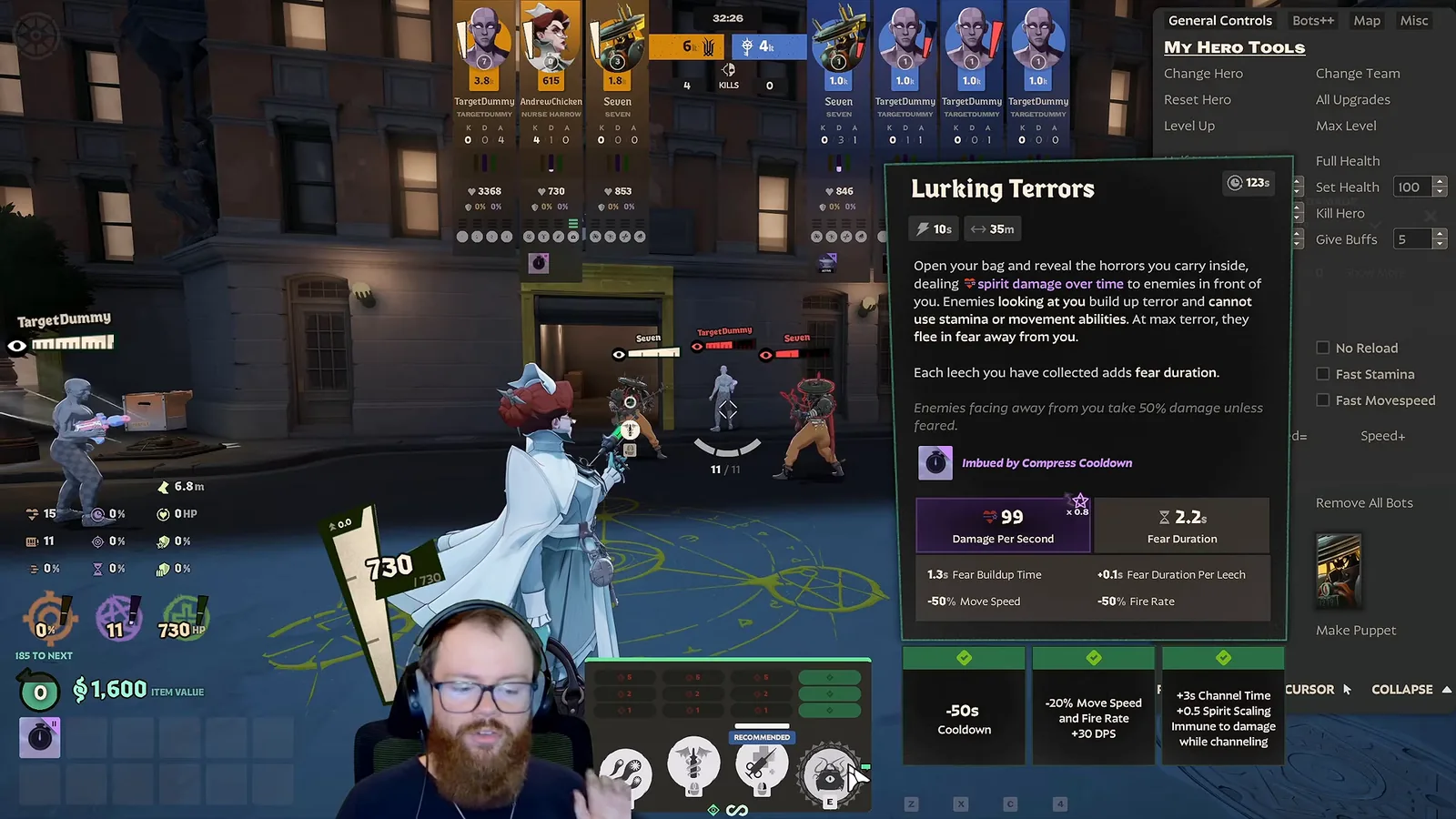 Lurking Terrors tooltip for Nurse Harrow showing 2.2s fear duration, +0.1s fear per leech and all three upgrades