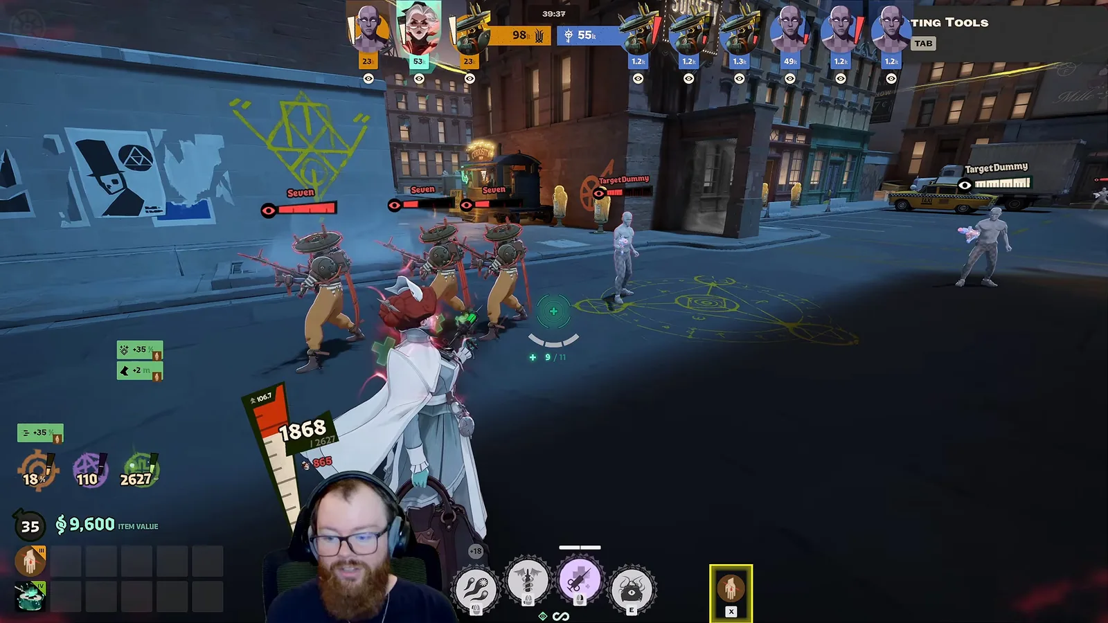 Nurse Harrow healing allies with Healing Needles while surrounded by enemy Seven targets in Deadlock