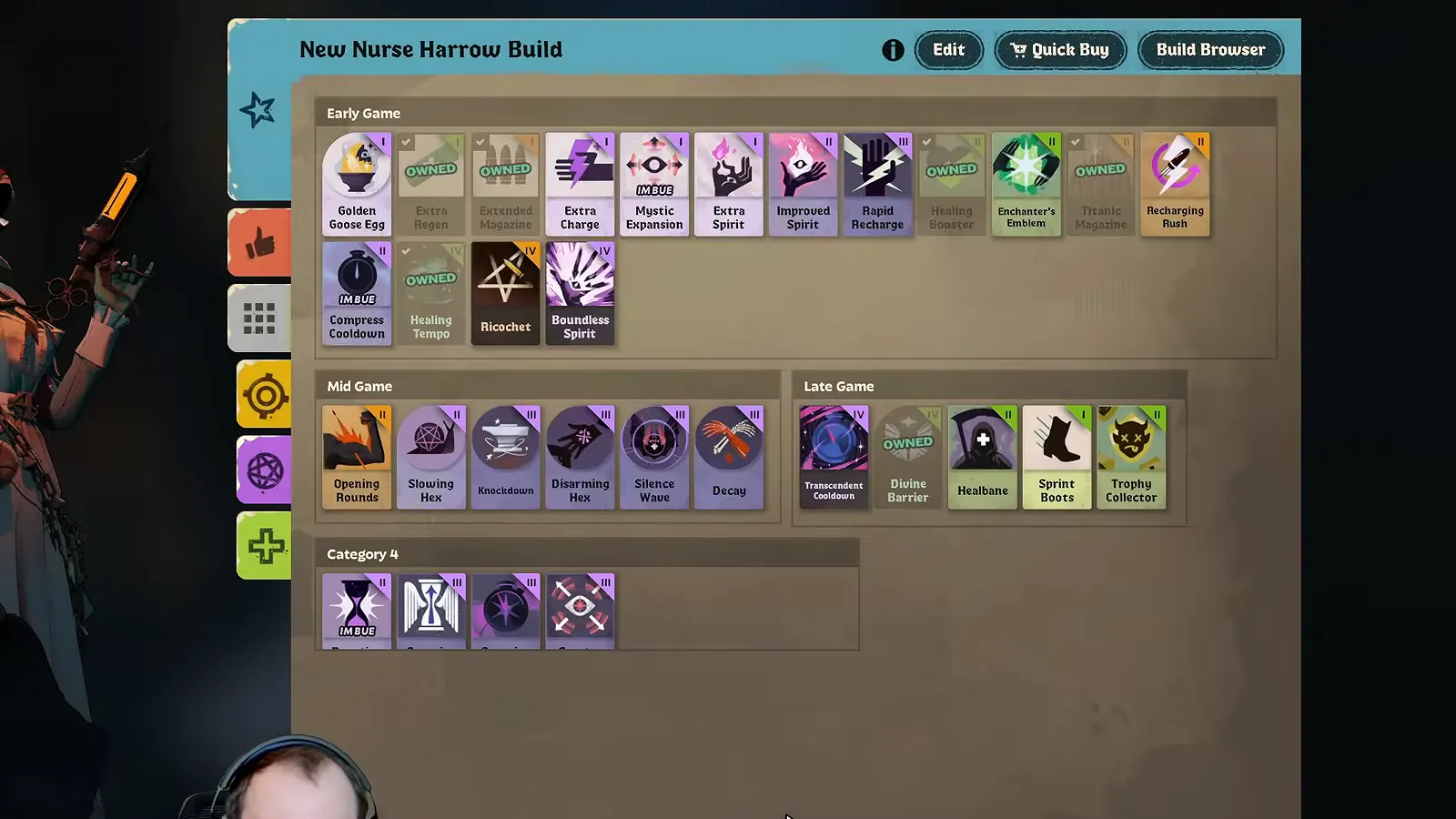 Nurse Harrow item build panel in Deadlock with early, mid and late game items including Ricochet and Healing Tempo