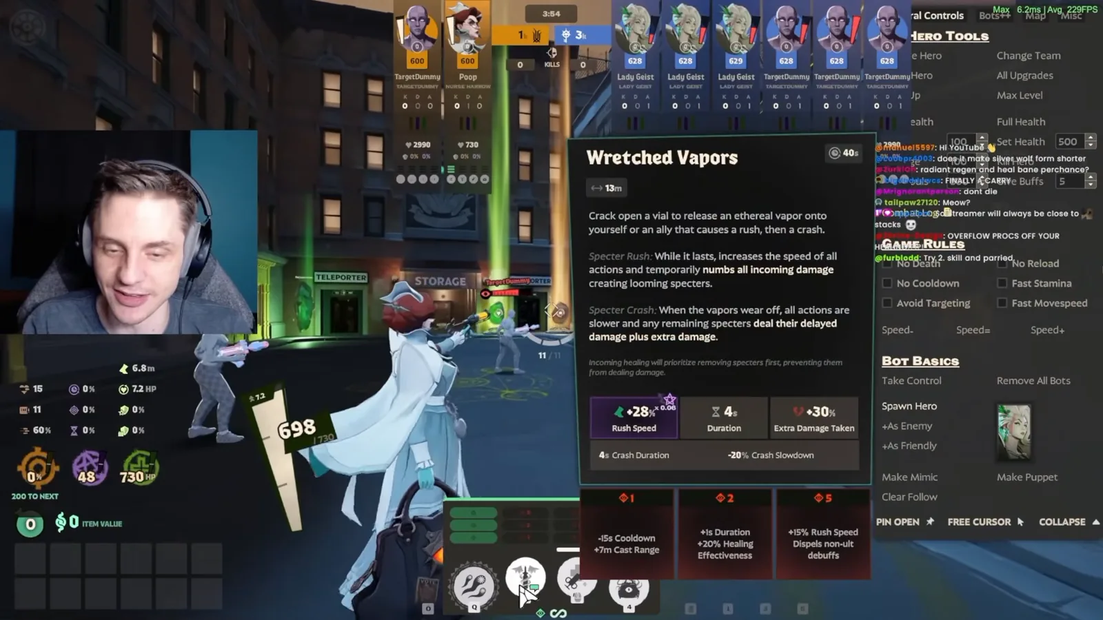 Wretched Vapors tooltip for Nurse Harrow showing rush speed, 4 second duration and 30% extra damage taken on the crash